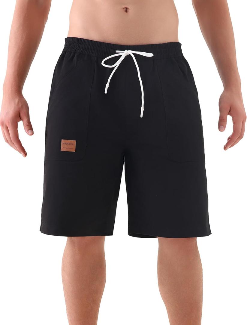 MagnaMan Men's Elastic Casual Shorts Cotton-Spandex, Adjustable Drawstring, Reinforced Pockets  Beach, Golf, Hiking (Black)