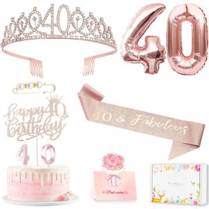 40th Birthday Gifts Decorations for Women, Including 40th Happy Birthday Cake Toppers, Birthday Queen Sash with Pearl Pin, Sweet Rhinestone Tiara Crown, Number Candles and Balloons Set