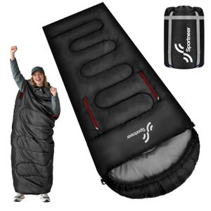 Sportneer 0 Degree Wearable Sleeping Bag for Adults & Kids – Walkable with Arm Zippers, Waterproof & Warm to 32°F, Compact for Camping, Stadiums, Travel, Backpacking & Car Use, Black