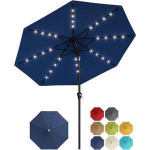 Garvee 9FT Solar Patio Umbrella with 32 LED Lights - Outdoor Table Umbrella with Crank Lift, Push Button Tilt and 8 Sturdy Ribs - Market Umbrella UV Protection for Pool, Deck, Yard, Garden -Navy Blue