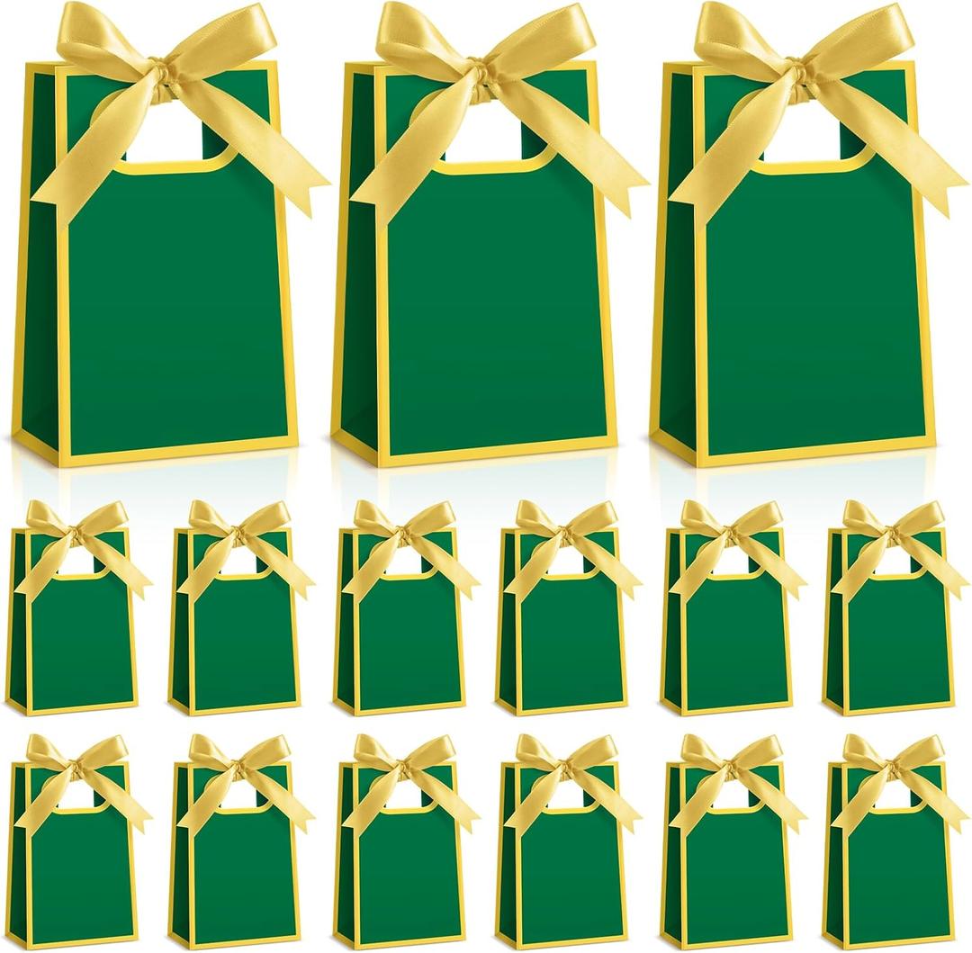 AmazingSpark 50 Pcs Green Gold Mini Gift Bags Bulk 6.3 x 3.9 x 2.8 Inch Party Favors Elegant Small Gift Bags with Handles and Ribbon Bows for Wedding Birthday Bridal Baby Shower Party Favors