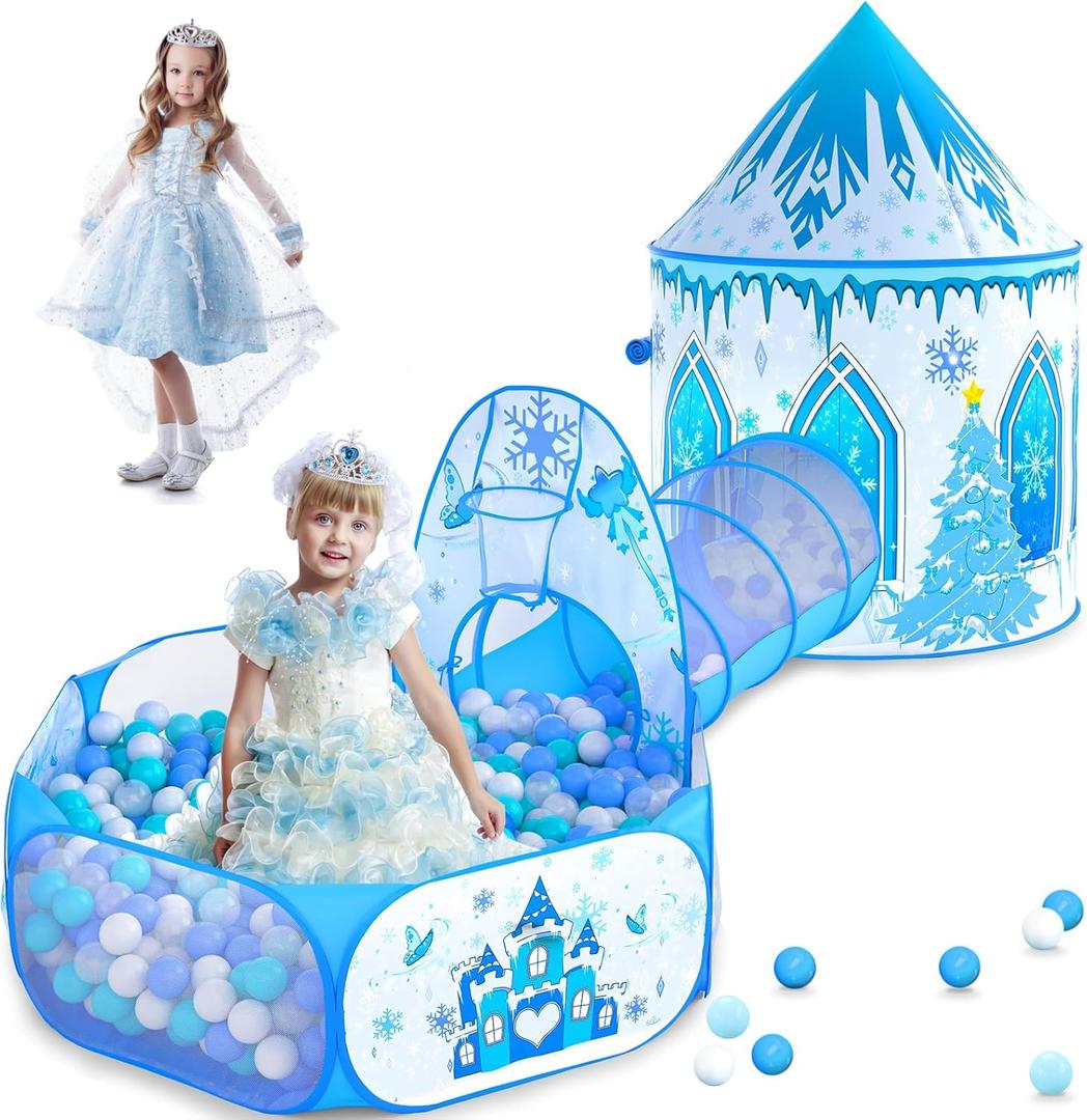 3 in 1 Girls Frozen Play Tent for Kids: Pop Up Baby Playhouse with Toddlers Crawl Tunnel, Ball Pit and Princess Castle Tent - Children Play Tent Frozen Toys Indoor and Outdoor Game for Birthday Gift