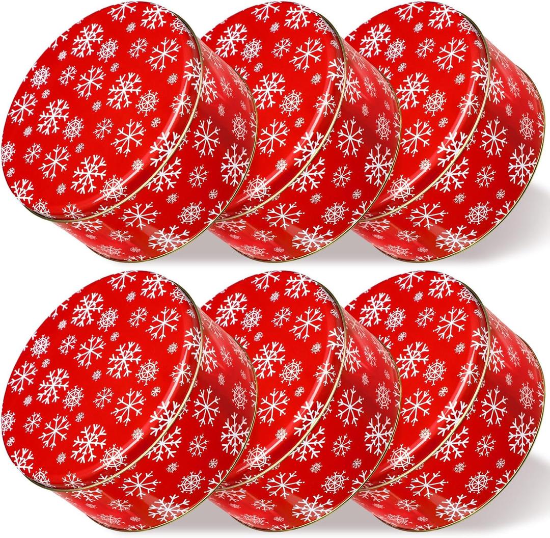 6 Pcs Christmas Cookie Tins with Lids 7 Inch Round Metal Snowflake Container Xmas Cookie Boxes Empty Holiday Decorative Tins for Gift Giving Baking Chocolate Snack Storage, Red