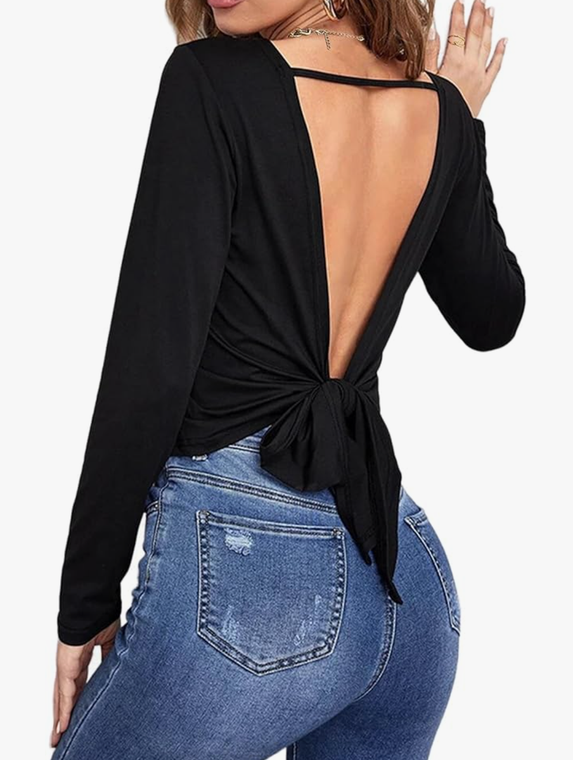 LilyCoco Womens Backless Long Sleeve Top Boat Neck Sexy Tie Back Shirt Solid Tee, L