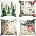 AVOIN colorlife Joy Christmas Holly Berries Reindeer Believe Throw Pillow Covers, 18 x 18 Inch Xmas Tree Hello Winter Holiday Cushion Case Decoration for Sofa Couch Set of 4