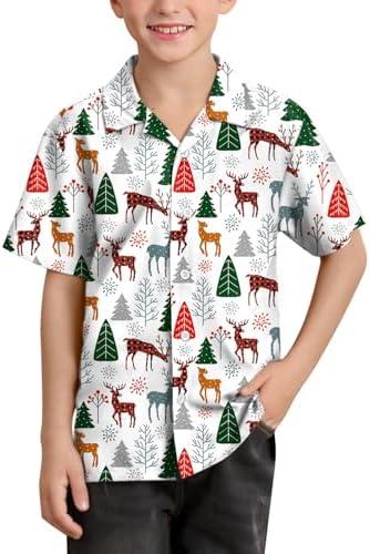 Christmas Toddler Boys Button Down Elk Printed Hawaiian Short Sleeve Polo Beach Party Shirts, White, Medium