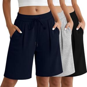 Locoowai 3 Pack Women's Bermuda Shorts Drawstring Casual Lounge Elastic Waist Athletic Yoga Running Shorts with Pockets XXL