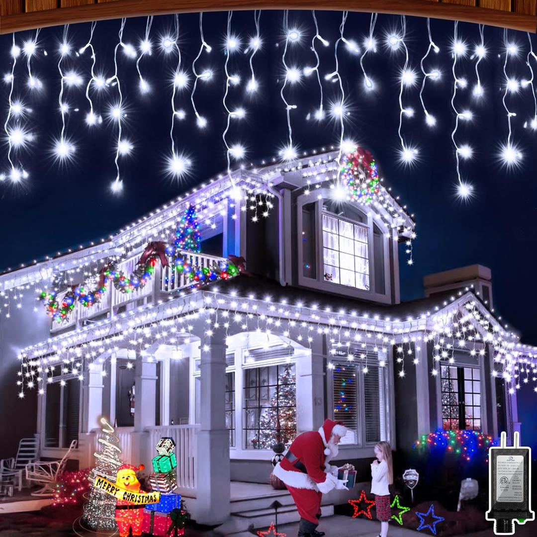 50FT 504 LED Outdoor Christmas Lights - 112 Ice Drops, 12 Pro Modes with Timer Memory & Brightness, Waterproof Hanging Ice String Light for Holiday Wedding Garden Fence House Decor (Cool White)