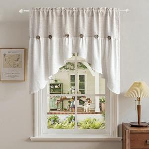 Gxi Beige Linen Curtain Swag for Living Room Button Kitchen Curtain Farmhouse Valance Privacy Rod Pocket Boho Window Tiers for Small Windows Bathroom Bedroom 1 Panel, W52 x L35 inch