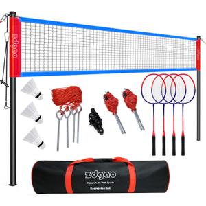 Zdgao Badminton Sets for Backyard, Portable Badminton Net with Tension Adjuster, Badminton Racket Set of 4, 3 Nylon Shuttlecocks, Boundary Line and Carry Bag for Backyard Beach Family Games, 20 feet x 30"
