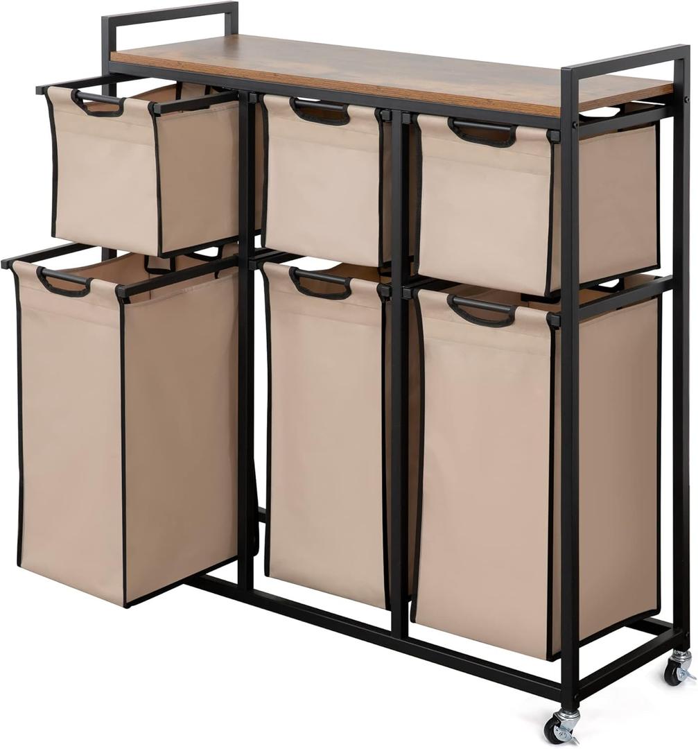 Suntage Laundry Basket Organizer, Hampers for Laundry 6 Compartments, Laundry Hamper with 6 Sliding Laundry Sorter Bags, Top Storage Shelf, and Metal Frame (6 Compartments)