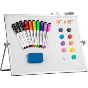 Dry Erase White Board, 16 x 12 inch Double-Sided Desktop Whiteboard with Stand, 10 Markers, 10 Magnets and 1 Eraser, Portable Double-Sided Dry Erase Board for Drawing, School, Office and List Wall