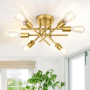 TOBUSA 6-Light Gold Semi Flush Mount Ceiling Light Fixture, Modern Industrial Brushed Golden Sputnik Ceiling Light, E26 Close to Ceiling Light for Kitchen Bedroom Dining Room Living Room Hallway