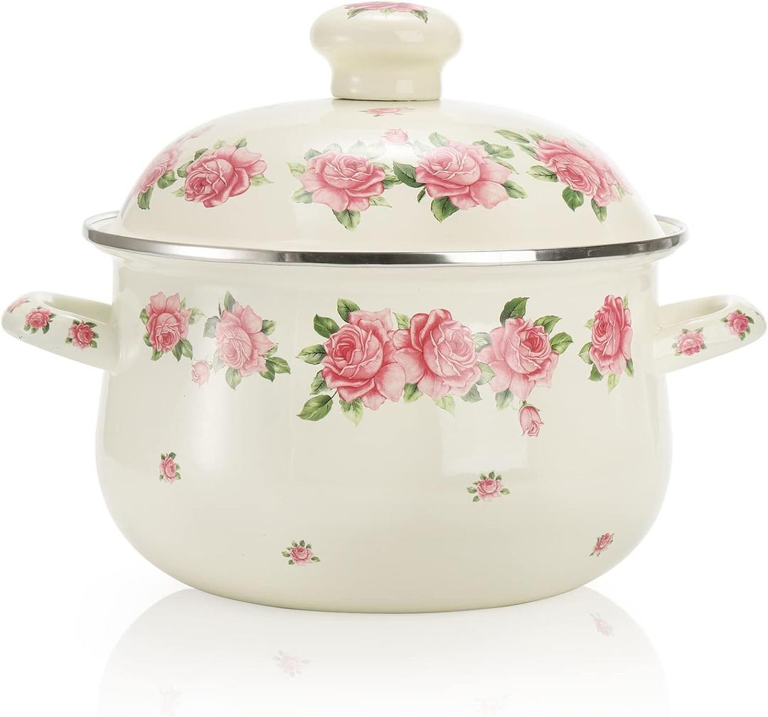 SOUJOY Enamel Stockpot with Lid, 2.8 Quart Retro Cooking Pot, Vintage Floral Stew Bean Simmer Pot with Handle, Kitchen Soup Pot, Safe for Induction Cookers, Gas Stove
