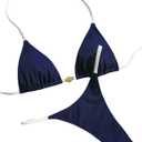 SOLY HUX Women's Halter Triangle Bikini Set Contrast Binding Thong Bathing Suit Two Piece Swimsuit (Medium, Solid Dark Blue)