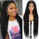 Fancy Hair 38 inch Knotless Box Braided Wigs for Black Women Glueless Double Full Lace Braid Wig with Baby Hair Synthetic Black Lace Front Braided Wig for Women, Black