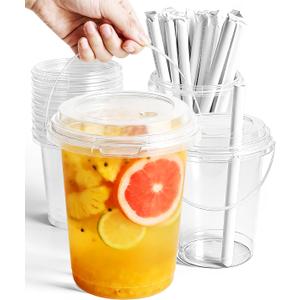 CHONNFEASTT, 36PCS Plastic Drink Buckets with Lids and Straws: 1L/34oz Clear Disposable To Go Iced Coffee Cups Rounded Bottom with Handle for Cocktails, Lemonade, Beach & Pool Party Drink Supplies