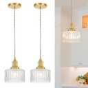 Vintage Pendant Light Set of 2, Brushed Gold Pendant Lights Kitchen Island with Clear Glass, Brass Kitchen Island Light Adjustable Hanging Light for Entrance Living Room Bathroom Dining Room Hallway