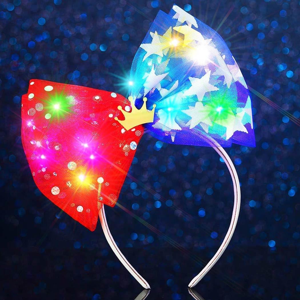Asooll Light Up 4th of July Headband Red White Blue Bow Star Patriotic Hair Accessories for Women