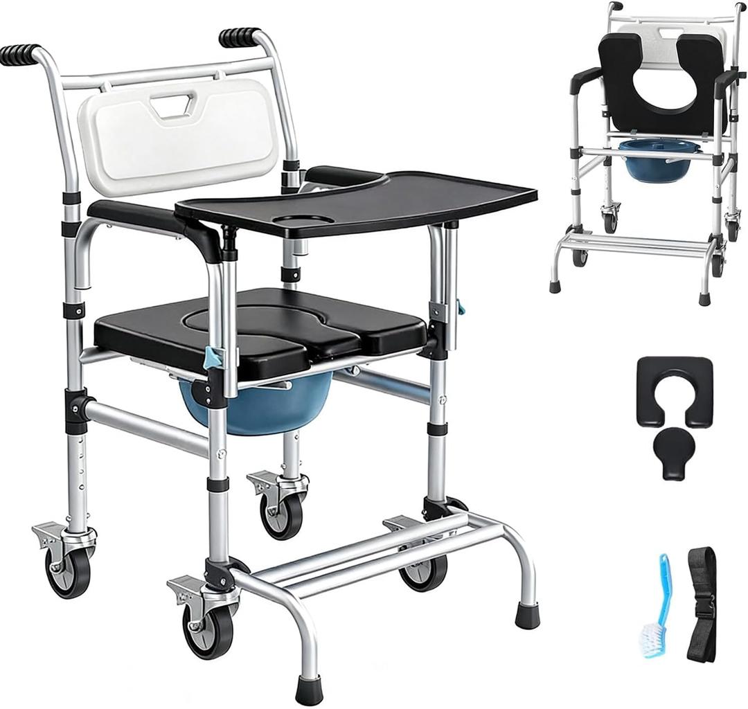 4 in 1 Rolling Bedside Commode Chair w/Wheels for Elderly, Shower Chair w/Handles for Height Raised Toilet Seat for Seniors, Disabled & Pregnant Holds Up to 350 lbs
