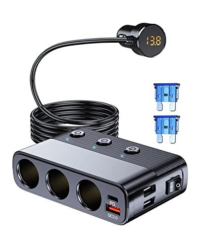 LIHAN 7-1 Cigarette Lighter Splitter,12V/24V Car Charger Adapter with 3 Socket Expander,PD30W Type-C,QC3.0 & Dual USB Ports,Independent Switches,Voltage Display,3.3FT Extension Cord fit Truck RV SUV