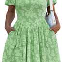 Mieazom Women's Summer Floral Jacquard Square Neck Short Sleeve Mini Dress A-Line Casual Wedding Guest Dresses with Pockets, Green, Medium