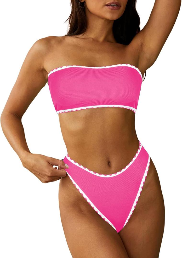 ZAFUL Women Strapless Textured Bandeau Bikini 2 Piece Swimwear Cheeky Solid Lace up Bathing Suits, M