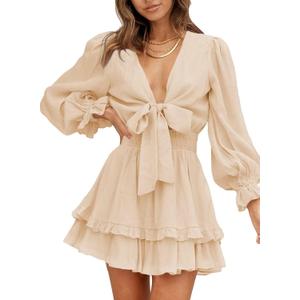 Dokotoo Womens Casual Spring Fall 2025 Deep V Neck Knotted Tiered Chiffon Elegant Mini Short Swing Skater Dresses (X-Small, 3 Apricot)