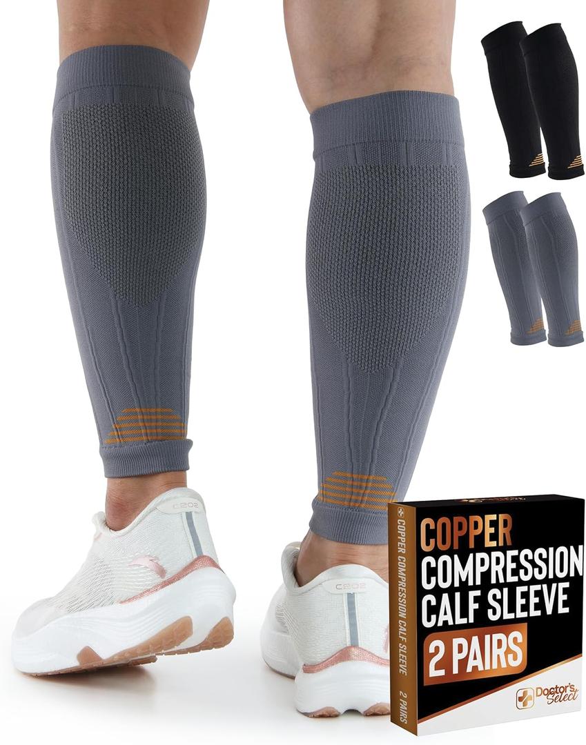 Doctor's Select 2 Pairs Copper Calf Compression Sleeve - Leg Compression Sleeves for Women & Men, Shin Splint Relief (Large-X-Large)