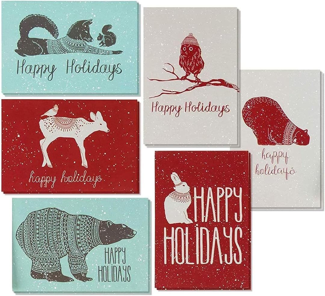 48-Pack Merry Christmas Greetings Cards, 4x6 Bulk Holiday Cards with Envelopes for Xmas Festive Holiday Seasons, Blank Inside, 6 Winter Animals Designs