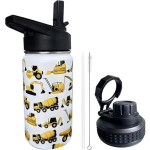 Construction Truck Excavator Bulldozer Kids Water Bottle for School with Straw Lid,12oz Stainless Steel Insulated Water Bottle for Boys & Girls, Leak Proof Lid with Handle & Touch Free Spout (A01)