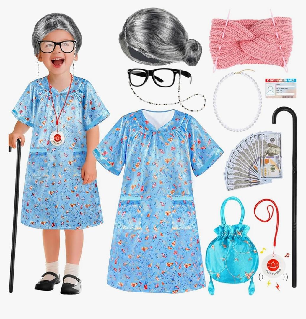 Old Lady Costume for Kids Girls, 100 Days of School Costume for Girls 100th Day of School, Granny Grandma Dress Up Nightgown, Wig, Cane, Glasses, handbag, Play Money Accessories Outfit for Kids