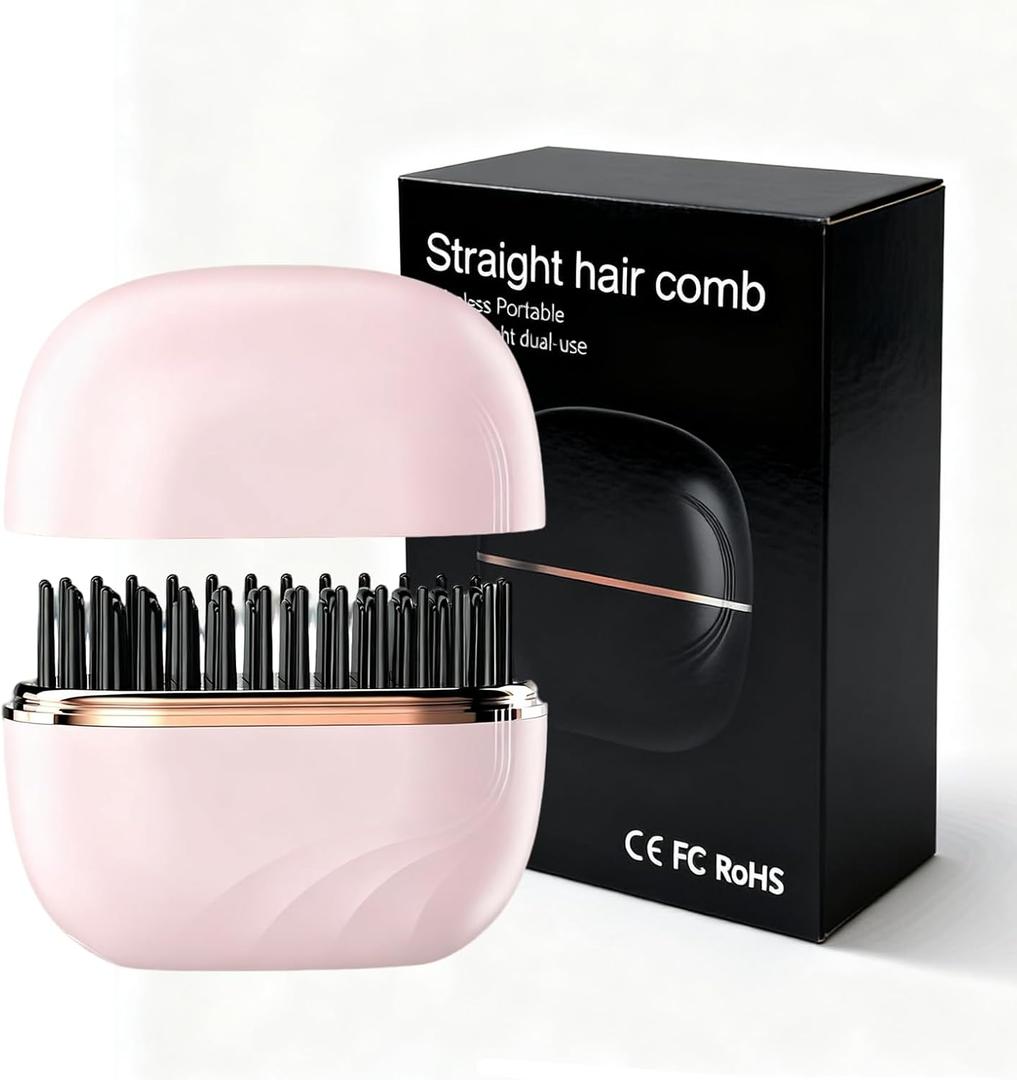 Mini Straightener Brush, Rechargeable Portable Hair Straightener Brush, 3-Speed Temperature Control, Anti-Scald Shell, Lightweight and Portable for Home Travel Gift (Pink)