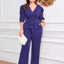 Ekaliy Dressy 2 Piece Pant Sets for Women Fall Outfits Ruffle Top Wide Leg Business Pantsuits (Purple, XL)