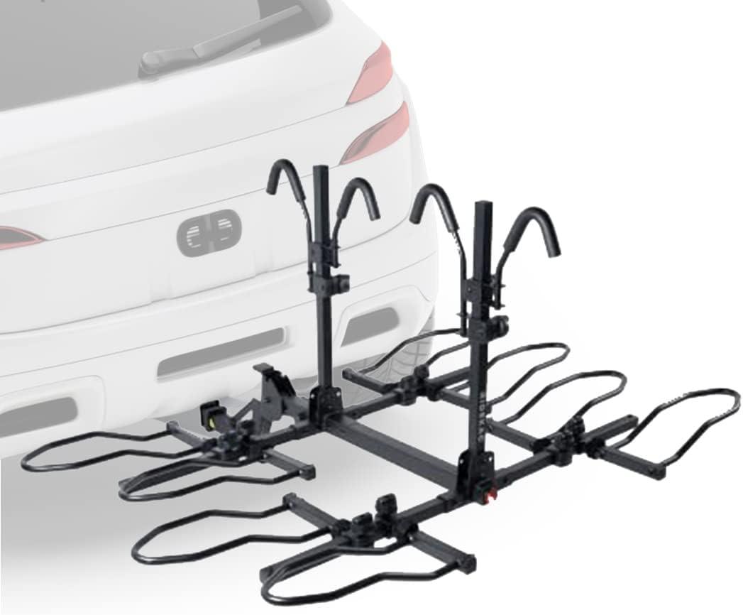 KAC Premium Bike Rack for Car, SUV, Hatchback Mount - 2" Anti-Wobble Hitch & Quick Release Lever for 4 Bikes - Heavy Duty Bicycle Carrier, Easy to Assemble/Install - Tire & Frame Straps Included, Black