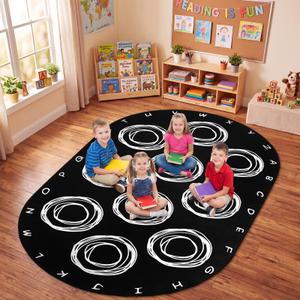 Teenyyou 6.56 x 11.15 ft Large Classroom Rug Elementary Abstract Educational Area Rug Kids Room Children Classroom Carpet Playroom Learning Black Ellipse School Decor Seating Carpet