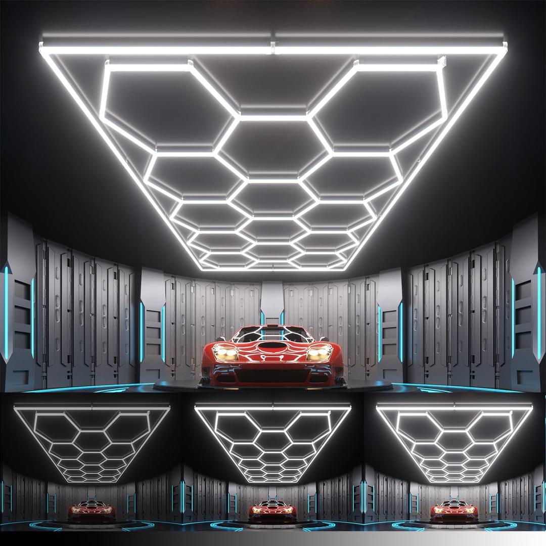 Hexagon Garage Lights : 3 Level Dimmable 14 Grids Hexagon LED Lights with Rectangle Frame - 6500K Super Bright Hex Light for Garage, Warehouse, Car Detailing Shop, Exhibition Hall, Gym