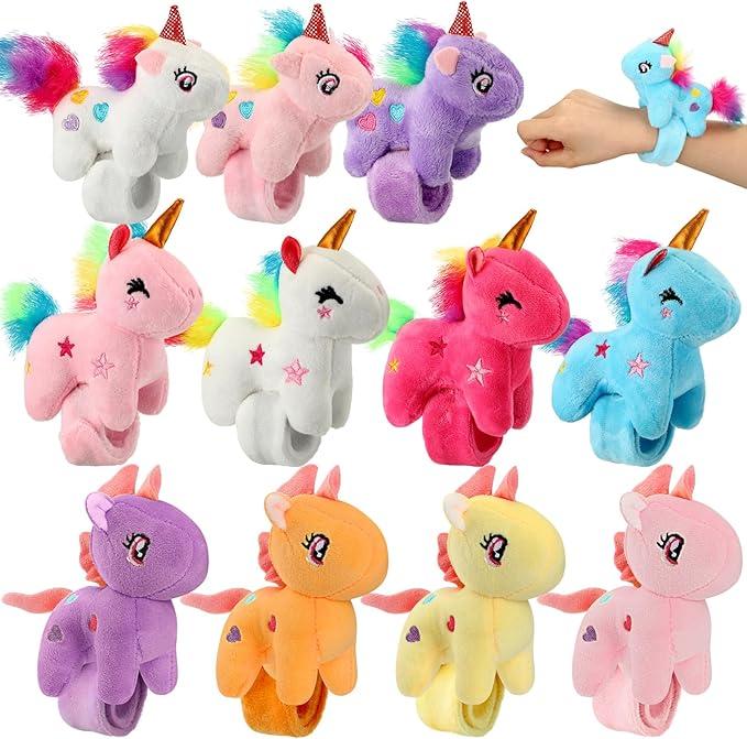 12 Pcs Unicorn Slap Bracelets Plush Animal Bracelets Bulk 8 Inch Furry Slap Band Stuffed Animals for Boys Girls Unicorn Party Favors Birthday Gifts