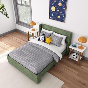 Max & Lily Upholstered Full Bed Frame with Rectangular Headboard, Upholstered Platform Bed for Kids, No Box Spring Needed, Easy Assembly, Green, Full Bed without Storage Drawers