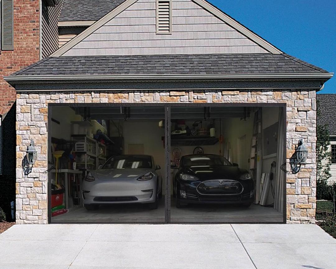 Garage Door Screen for 2 Car Garage 16x7 FT - Magnetic Retractable Fiberglass Mesh 16x7ft & Heavy Duty Weighted Bottom, Include Screws & Repair Patches - Easy Assembly for Patio Workshop Gym (Black)