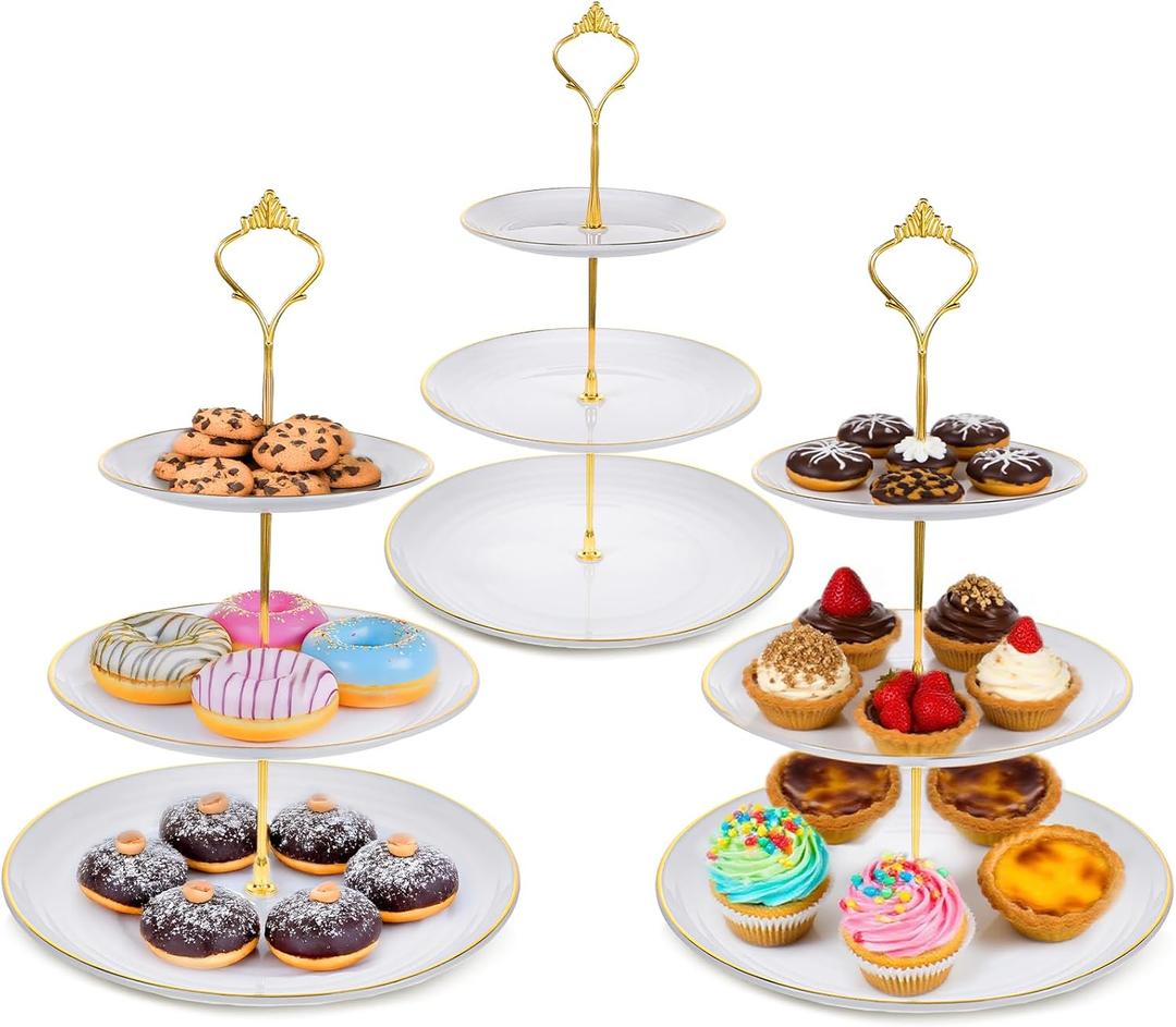 3 Pack 3 Tier Serving Tray Plastic White Cupcake Stand Tower Round Shape Tiered Dessert Serving Tray Dessert Cookie Display Stand for Tea Party, Baby Shower, Wedding, Birthday, Home Dcor