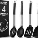 Pack of 4 Large Silicone Cooking Spatulas and Spoons, Slotted and Solid Stainless Steel Cooking Utensils Set, Non-stick Heat Resistant Kitchen for Baking, Fried, Stir-Fry, Mixing, Serving (Black)