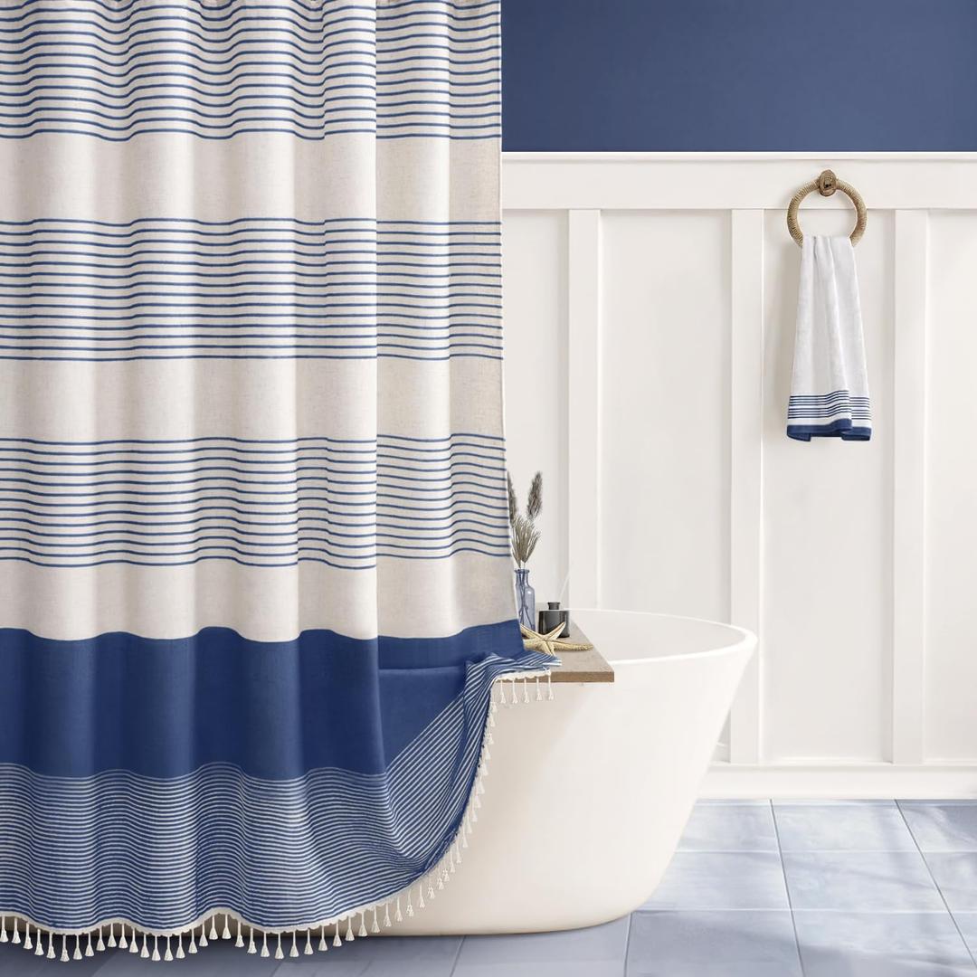 Navy Blue Shower Curtains for Bathroom Boho Linen Texture Striped Shower Curtain with Tassel 72 X 72 Natural