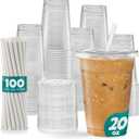 GUSTO [20 oz - 100 Sets Clear Plastic Cups with Lids and Straws Disposable Iced Coffee Cups for Cold Drinks, Smoothies, Boba, and To-Go Beverages Sturdy, Easy-to-Separate