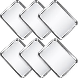 Potchen 6 Pcs Baking Sheet Pan Set Stainless Steel Cookie Sheet Small Toaster Oven Pans Tray Barbecue Grill Pan Rectangle Trays Oven Freezer Bakery, Non-stick, Easy Clean, 9 x 6.7 x 1 Inches