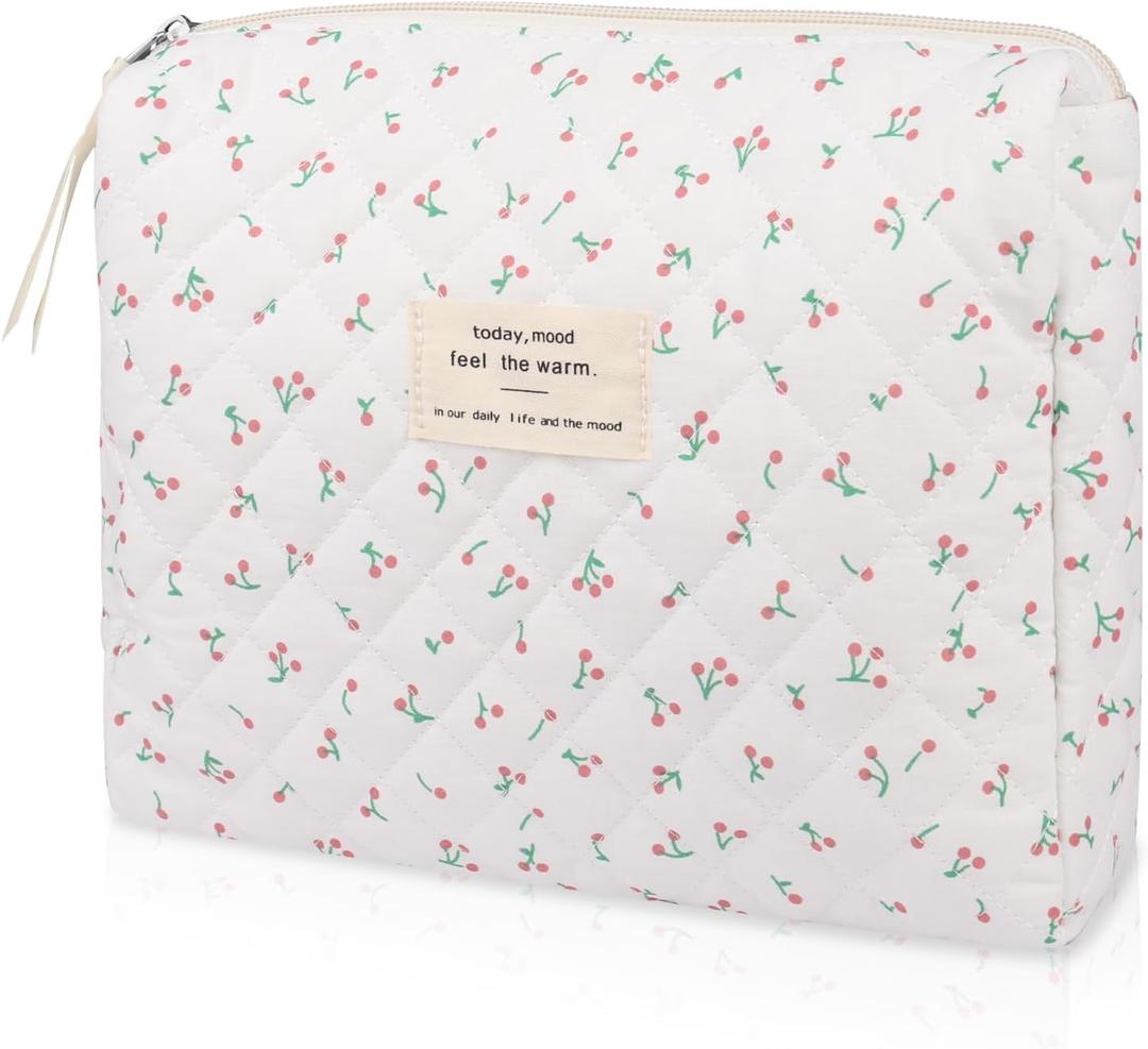 Floral Makeup Bag, Small Cosmetic Bag for Women Girls, Cute Cotton Makeup Bag, Quilted Makeup Bags, Flower Travel Toiletry Organizer Bag(White Cherry)
