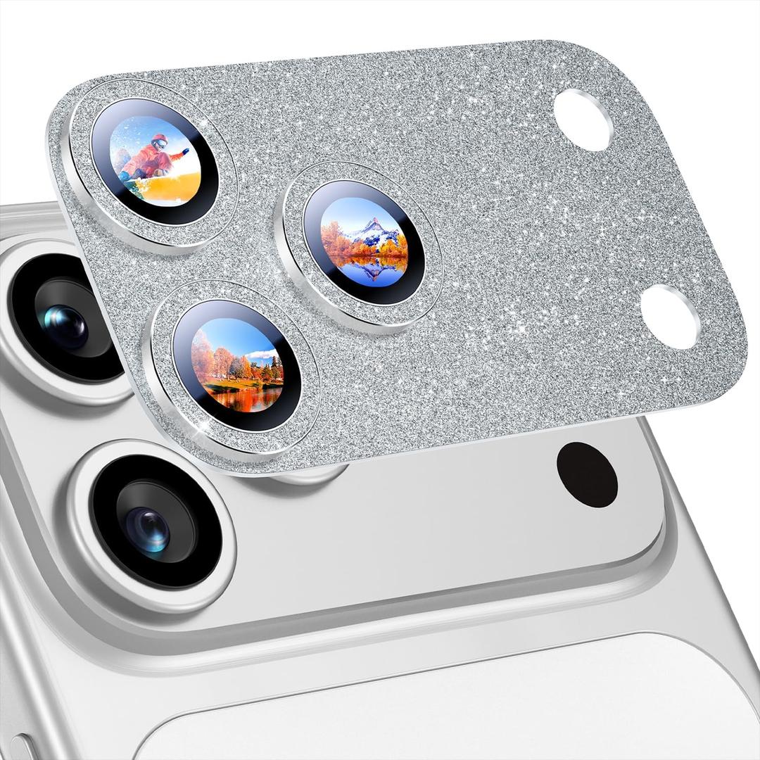 Uyiton for iPhone 17-Pro Camera-Lens Protector: Bling [Not Easy to Break][Strong Adsorption][Case-Friendly] Metal Tempered Glass Rear Camera Screen Cover - Glitter Silver