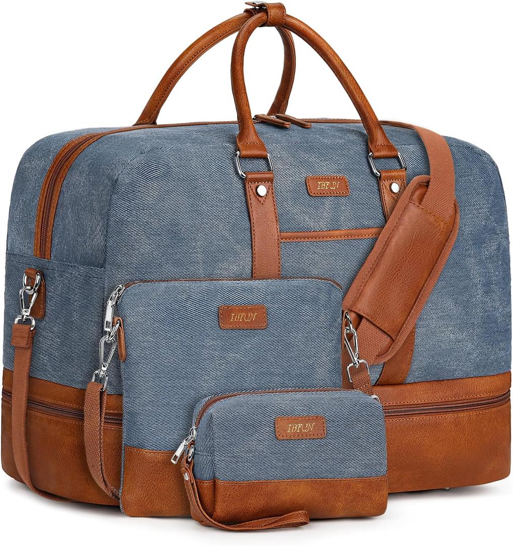 Weekender Bag for Women, Large Overnight Bag Canvas Travel Duffel Bag Carry On Tote with Shoe Compartment 21" 3Pcs Set (A13-brown+blue)