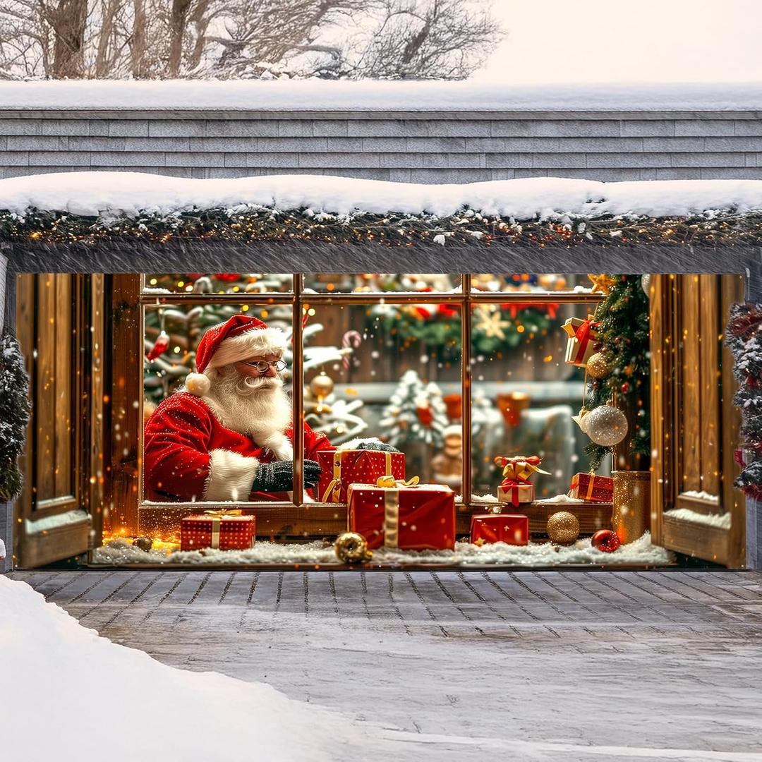 7 x 16 Ft Christmas Garage Door Decorations Outdoor, Large Santa Claus Gift Box Xmas Garage Door Cover, Rustic Farmhouse Winter Garage Buddy Christmas Decor for Wall Window Patio Yard Outside