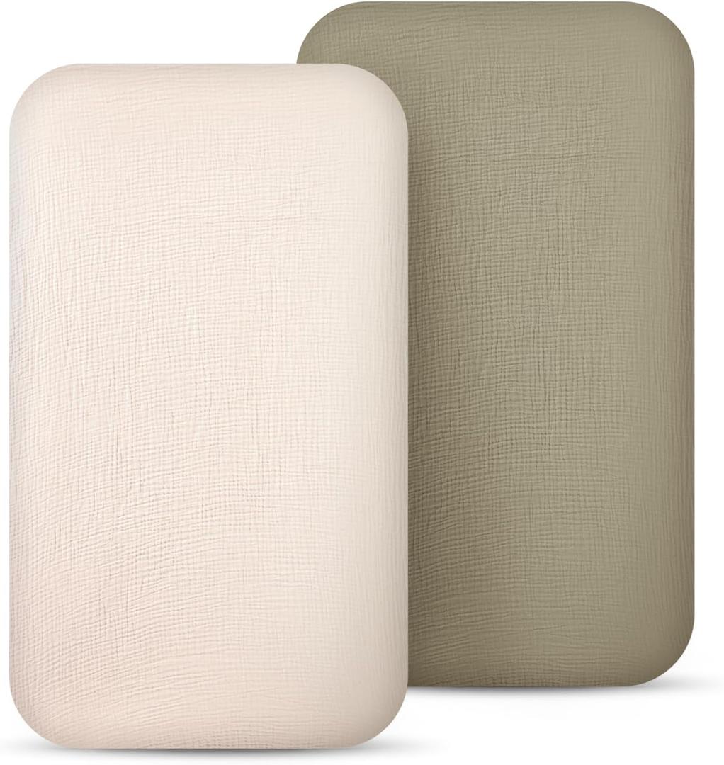 lulumoon Muslin Bassinet Sheets for Baby: Soft Bedside Sleeper Bassinet Fitted Sheets for Boys and Girls, Olive & Cream